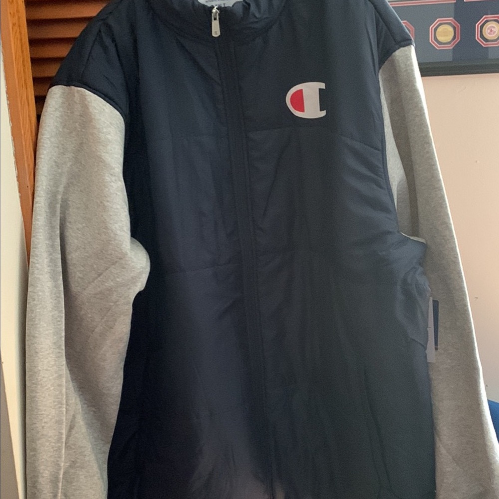 Champion navy blue and grey zip up jacket hood spring fall thickness -new